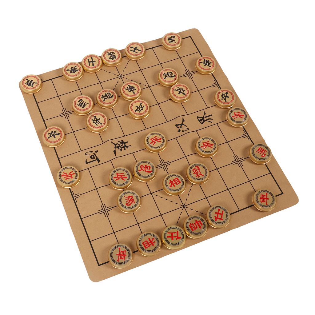 Chinese Chess Set Traditional Xiangqi Strategy Board Game 2 Players Travel Game Set with Foldeble Chessboard and Gold