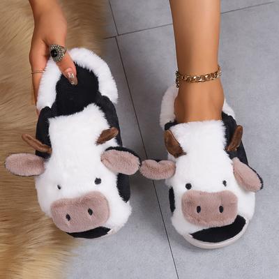 Mode Nouveau 2025 Hiver Unisexe Dessin Animé Vache Chaussons Chauds en Peluche Couples Intérieur Antidérapant Maison Diapositives Homme Femme Maison Sol Coton Chaussures