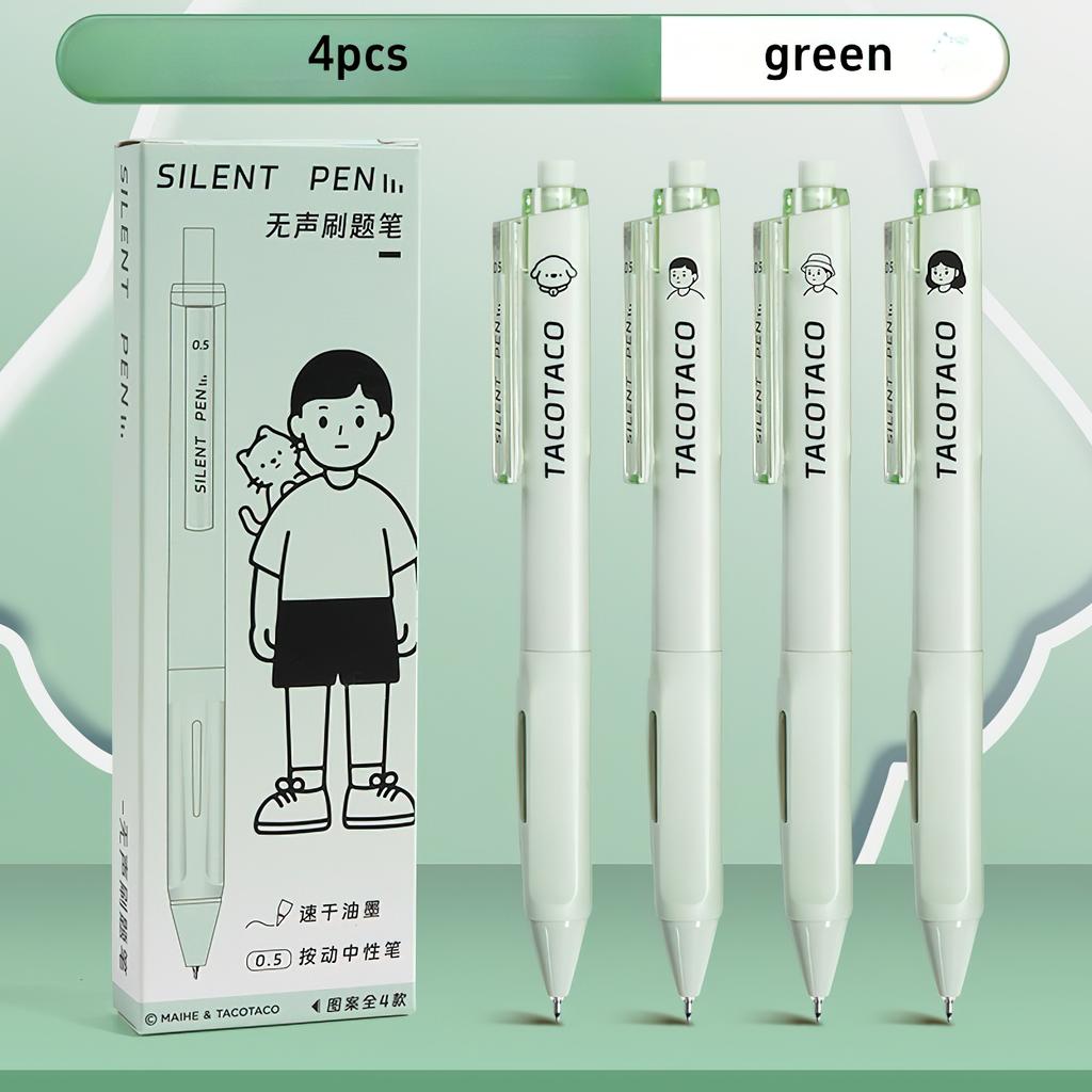 4pcs Silent Pens Set Cartoon Design TacoTaco 0.5mm Ballpoint Black Color Quick-dry Gel Ink for Writing Office School A3015