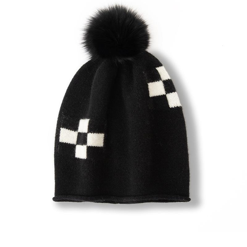 

New Style Women s High End Color Blocked Curled Fur Ball Thickened Warm Fashion Knitted Casual Hat one size