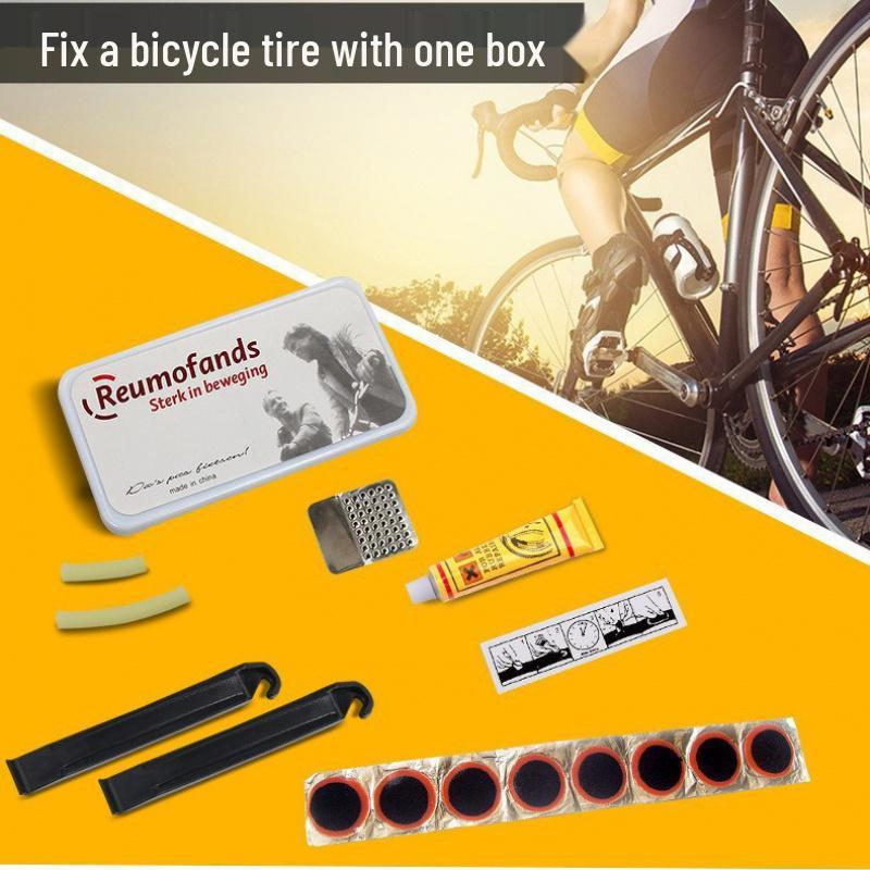 Bicycle Repair Tool Kit with Tire Patches, Pry Bar, Glue, and File In Plastic Box
