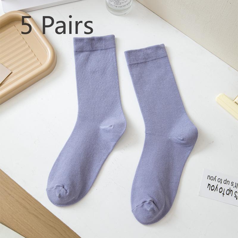 5 Pairs Socks Women's Mid-calf Socks Autumn and Winter Solid Colour Cotton Thickened White Thigh-high Stacked Socks Morandi Bone-less Monthly Socks