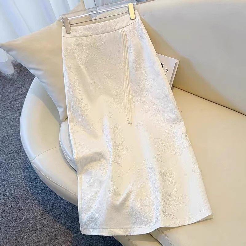 Vintage Chinese Floral Embroidery Satin Pencil Skirt Women Elegant High Waist A Line Midi Autumn
