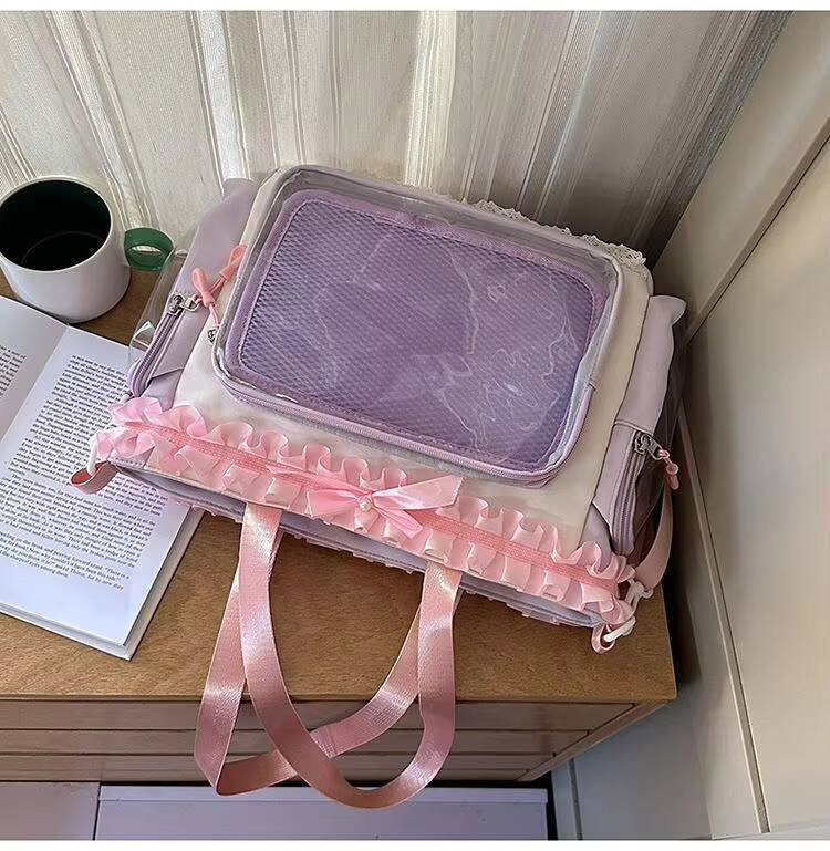 New Y2K Cute Lace Bow Ita Shoulder Bag Sweet Girl Transparent Pocket Women Large Capacity Tote Bag DIY Display Crossbody Handbag