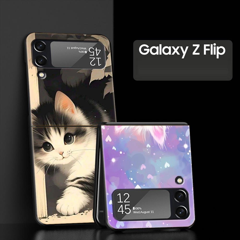 Colorful Cat Design Hard PC Phone Case For Samsung Galaxy Z Flip 7 6 5 4 Black Cover For Galaxy Z Flip 3 Foldable Shell Fundas