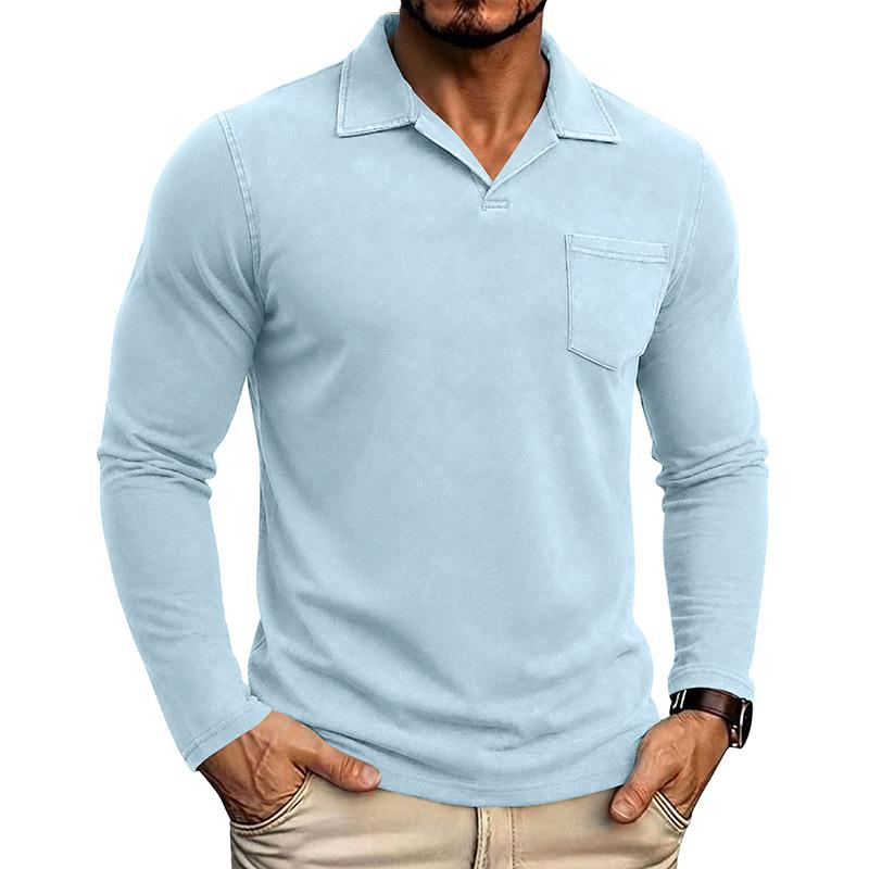 Men Vintage Washed Distressed Long Sleeve Polo Shirt Turn Down Collar Casual Top