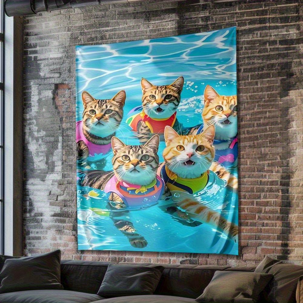 Adorable Cat Swimming Digital Printing Polyester Wall Tapestry Suitable for Use In Living Rooms Bedrooms Offices Bars and Party
