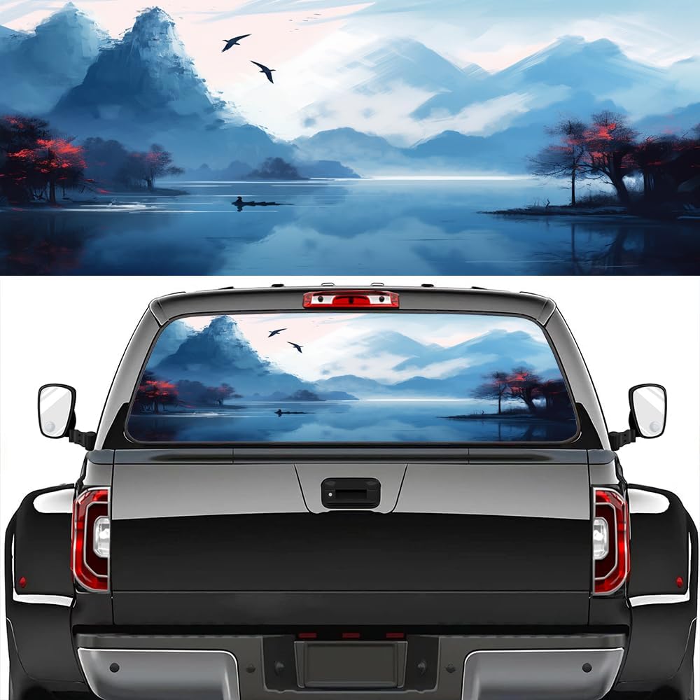 

Landscape Picture Decals Rear Window Decals for Trucks Back Window Decal Sticker Lake View Pine Tree Snow Mountain Nature Theme Full Back Window 22W x 66L inch