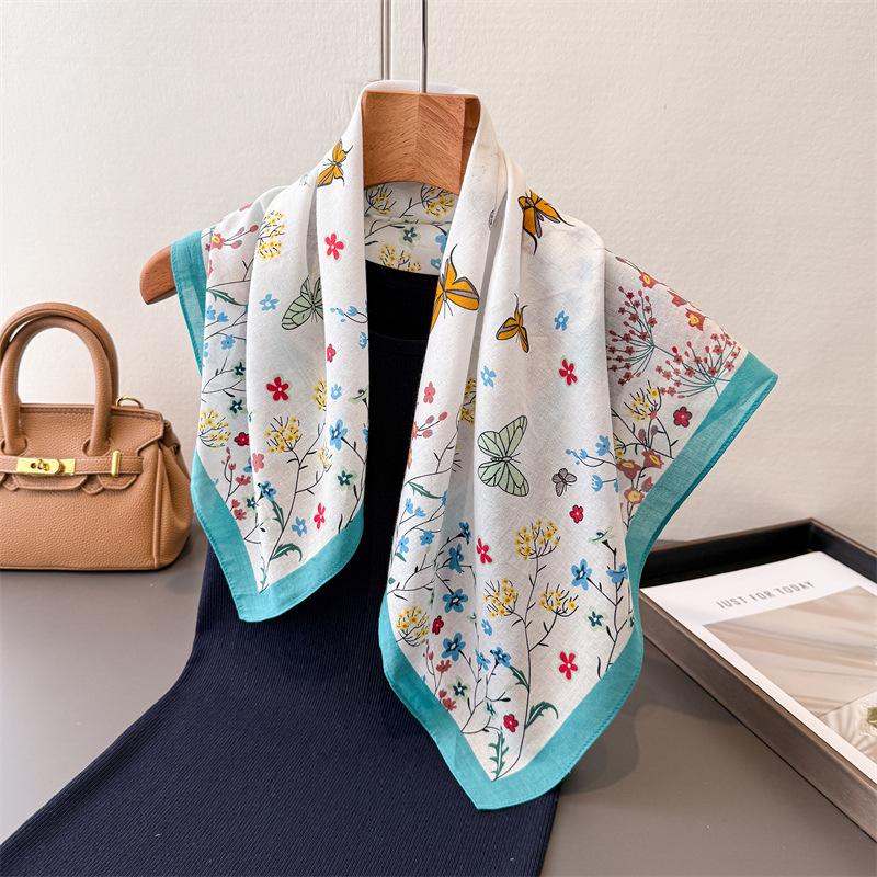 Butterfly flower pure cotton small square scarf high-end printing silk scarf headscarf shawl scarf women's professional scarf scarf scarf