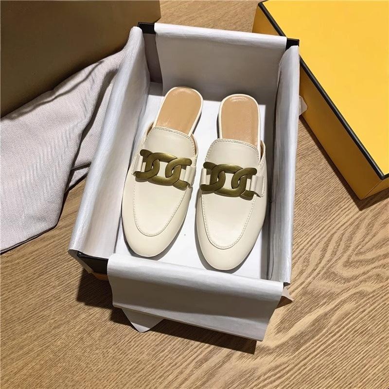 Flat-bottomed Bag Head Shoes Fashionable Round Head Metal Horse Buckle Casual Versatile Lazy Half Slippers Women