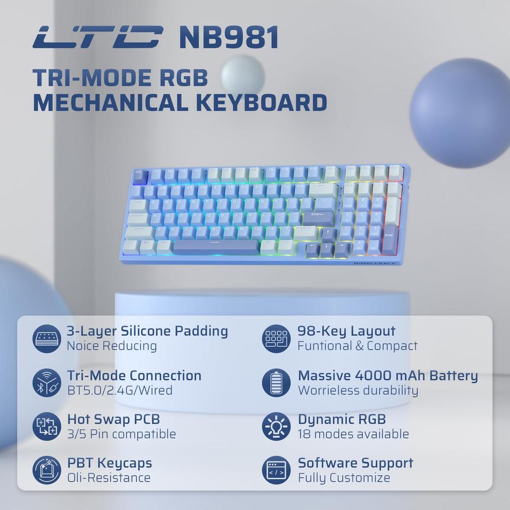 LTC Nimbleback NB981 95% Wireless Mechanical Keyboard, 2.4GBTUSB-C Wired RGB 98-Key Gaming Keyboard with 3-Layer Damper, Hot-Swap PCB, Software