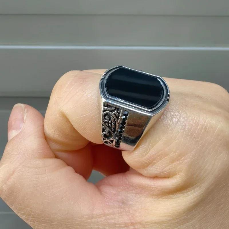 New European and American Vintage Carved Totem Pattern Wide Edge Square Zircon Men's Ring