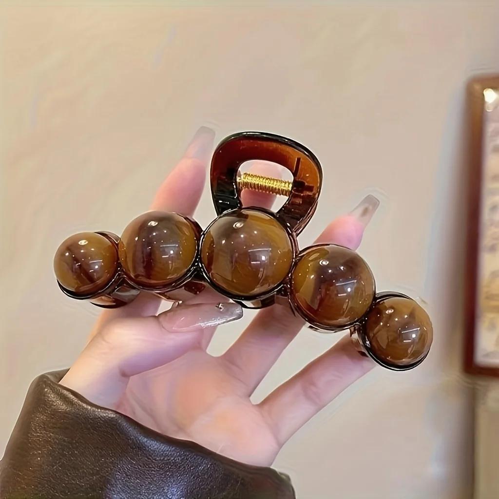 Brown Pearl Grip Clip Acrylic Coating Design Shark Clip Women's Back Hair Clip Hair Accessory, Festive Wedding Styling Tool