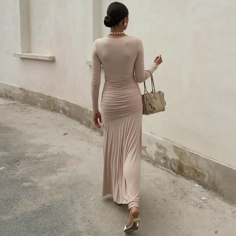 Women's Light Blue Long Sleeve Asymmetrical Neck Draped Ruffle Maxi Dress