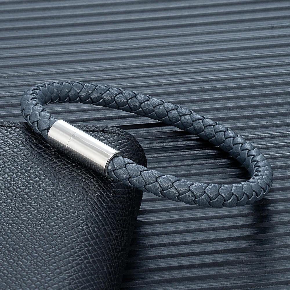 Classic Blue Braided Leather Bracelet Stainless Steel Magnetic Buckle Bangle Simple & Stylish Couple Jewelry Gift for Him