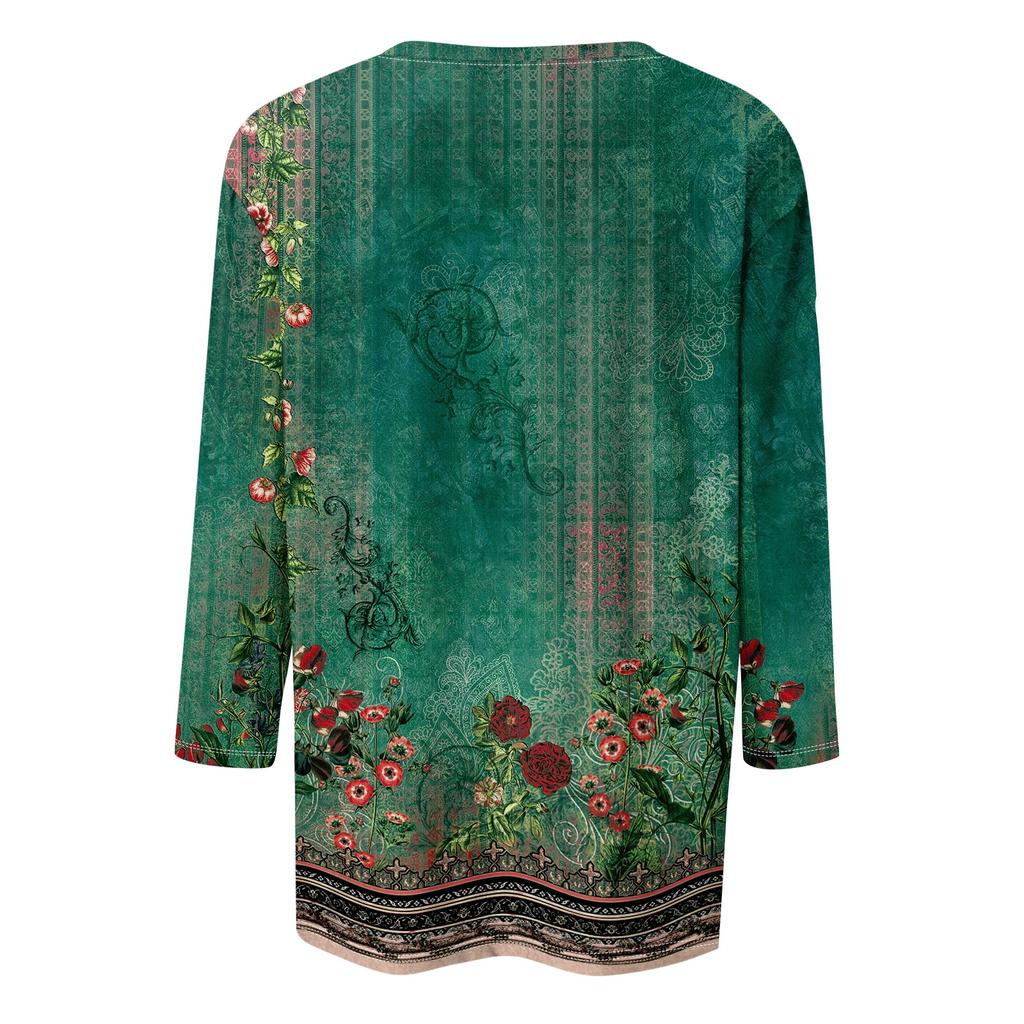 Women's 3/4 Sleeve Square Neck Floral Shirt Casual Loose Tunic Top