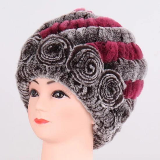 Hot Sale Winter Women Flower Striped Natural Real Fur Hats Lady Warm Knit Genuine Rex Rabbit Fur Caps Outdoor Fur Beanies Hats