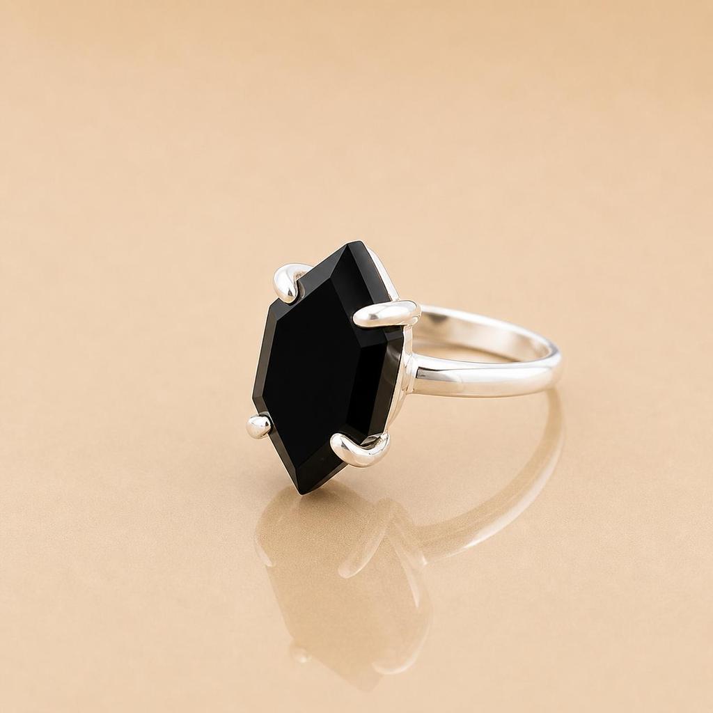 Black Onyx Coffin Ring 925 Sterling Silver, Faceted Coffin Cut Onyx Gemstone Ring, Gothic  Handmade Minimalist Statement Jewelry