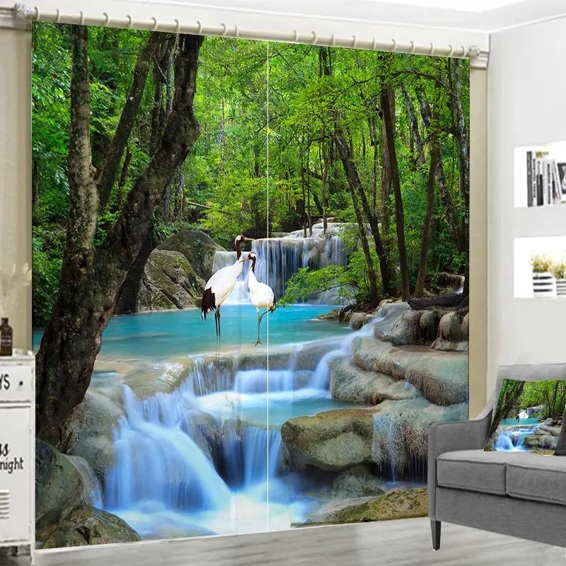 

2PCS Sunshine Forest Waterfall Landscape Curtains Hook Nature Scenery Printed Curtains For Kitchen Living Room Office Bedroom Milled cotton fabric&Rod Pocket