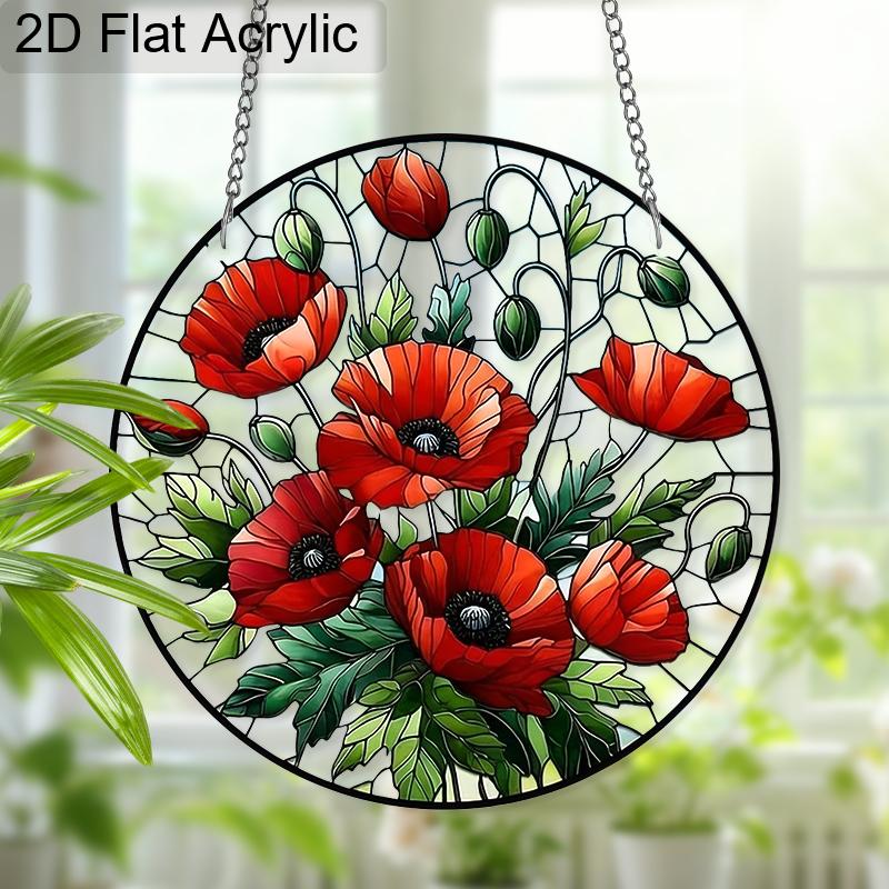 Acrylic Red Poppy Flowers Suncatcher, Stained Glass Style Window Hanging Ornament for Garden and Floral Art Lovers