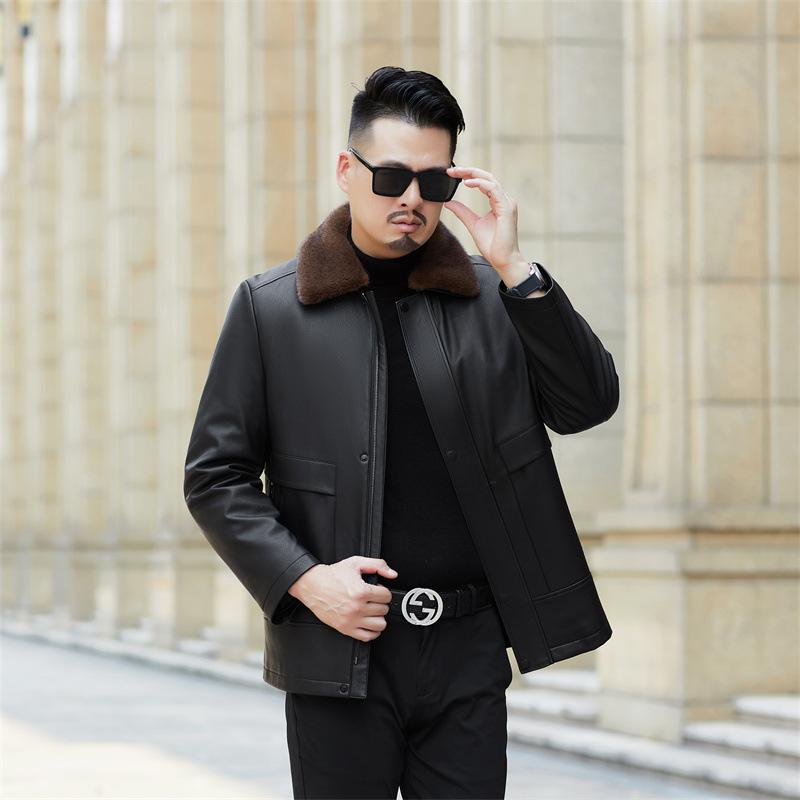 Autumn and winter new men's genuine leather jacket with fur integrated removable liner, velvet and thickened fur collar daddy outfit