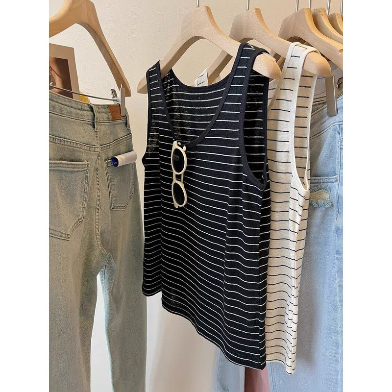 Soft and Comfortable, Cool and Breathable Drape Slimming Thin Stripes Inner Match Sleeveless Camisole for Women Outwear Summer