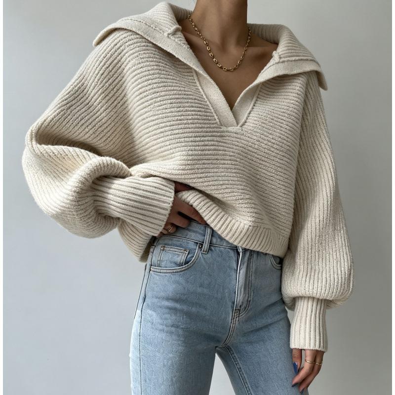 Autumn And Winter New Knitted Sweater Knitted Sweater Lapel Pullover Women'S Top