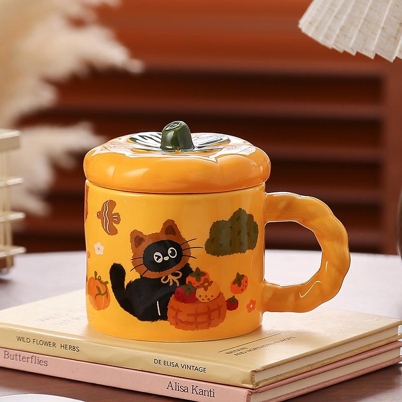 Opening Small Gift with Lid Cartoon Cat Cute Water Cup Household Set Ceramic Cup High Value Small Orange Cup