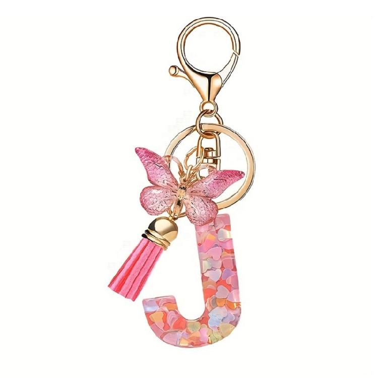 Fashionable Crystal Letter Keychain Sparkling Butterfly Tassels Charm Keyring Ornament for Women Girls Accessories