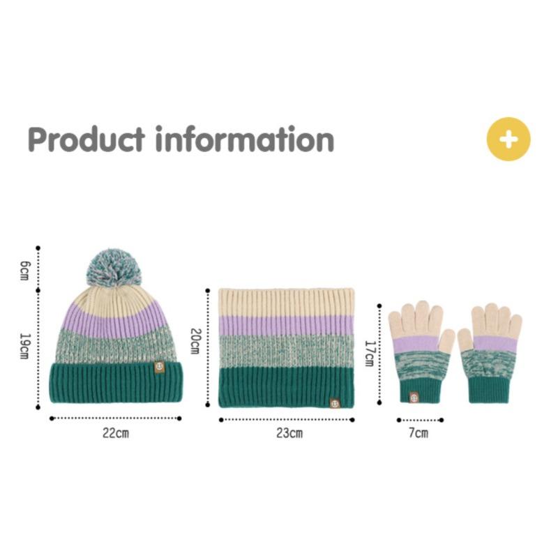 Children's Scarf Three Piece Set with Plush Contrasting Color Ball Hat, Scarf Gloves, 3-piece Set for Warmth