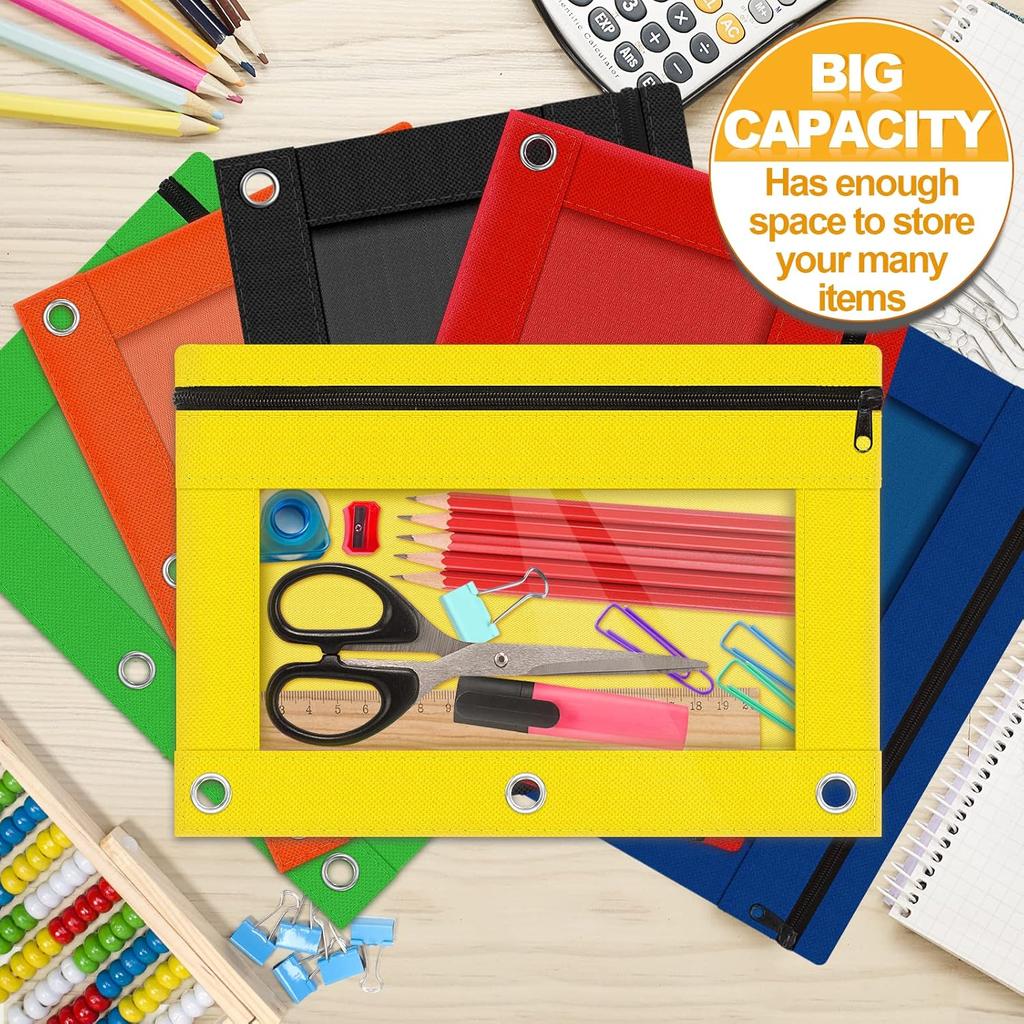Pencil Pouch for 3 Ring Binder, Bulk 6 Pack 3 Hole Zipper Pencil Pouches with Clear Window, Pencils Bags In Assorted Colors, Sturdy and Durable Cloth
