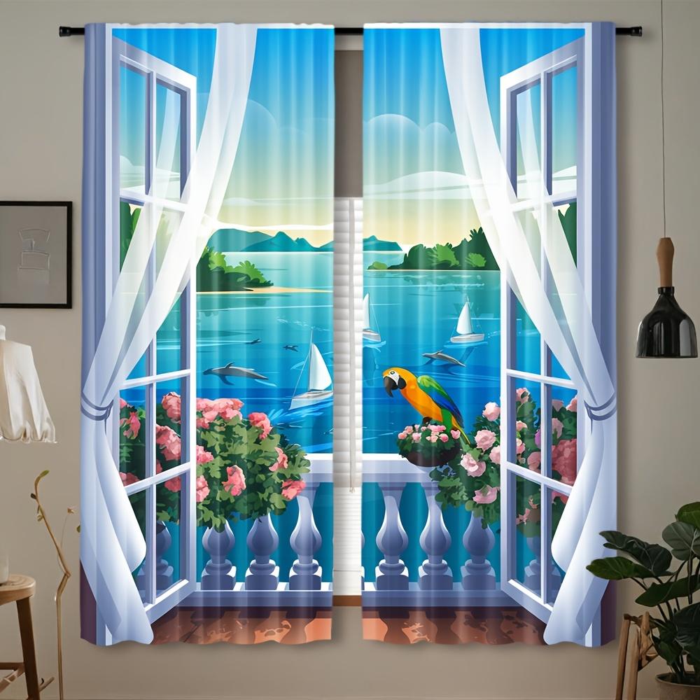 

Set Of 2 Coastal Seaside Print Curtains Semi Living Room Bedroom Bathroom Decor Curtain Sheer With Rod Pocket Polyester Ideal For W100*H70(CM)-Hooks&1PCS