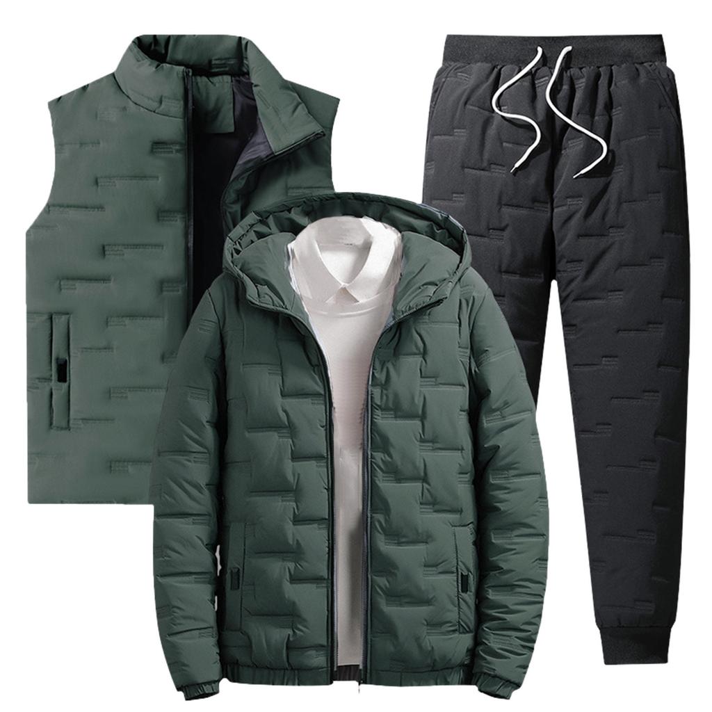 Traje de Moda de Algodón Cálido para Hombre, Conjunto de Tres Piezas, Chaqueta Acolchada, Chaqueta de Invierno, Chaleco Acolchado y Pantalones, Atuendos Casuales Hombre