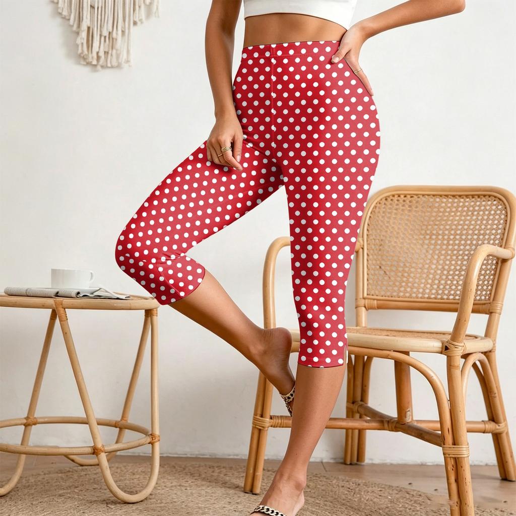 Women’s Elastic Waist Slim Fit Split Hem Capri Pants Casual Polka Dot Print Relaxed Style Lightweight Fabric