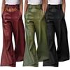 Women Flared Pants Slim High Waist Loose Pockets Faux Leather Elastic Waist Wide Leg Streetwear Solid Color Trousers for Work Leisure Daily Wear