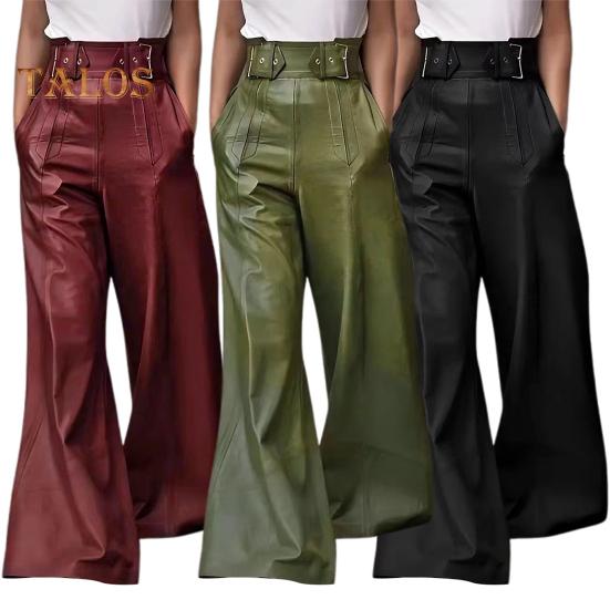 Women Flared Pants Slim High Waist Loose Pockets Faux Leather Elastic Waist Wide Leg Streetwear Solid Color Trousers for Work Leisure Daily Wear