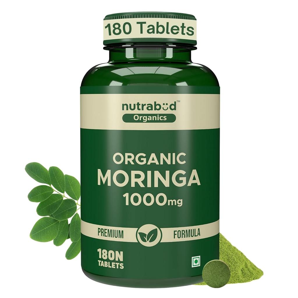 Nutrabud Moringa Tablets 1000mg Organic Supplement for Daily Energy Immunity and Digestive Support 180 Count Pack of 1