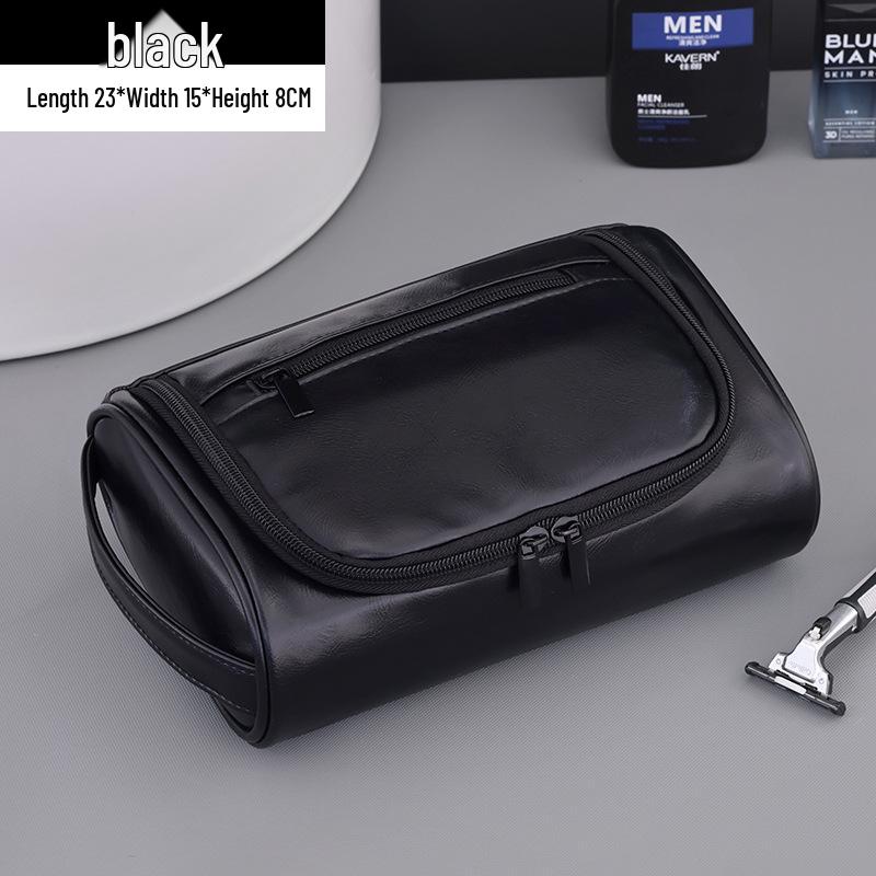 Men's PU Leather Handheld Cosmetic Bag: High-Capacity Waterproof Toiletry Travel Case
