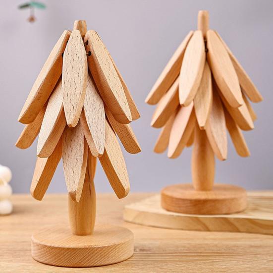 1 Set Christmas Tree Coaster with Base 3 Layers Tree Shape Wooden Trivet Anti-scald Heat Resistant Countertop Pot Pan Coffee Tea Cup Holder