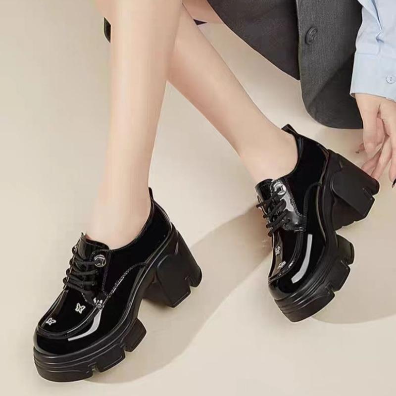 Mode Square Heel Einzelne Schuhe Herbst Neu Runde Zehenpartie Riemchen vorne Plateau Rutschfest Verschleißfest Hohe Absätze