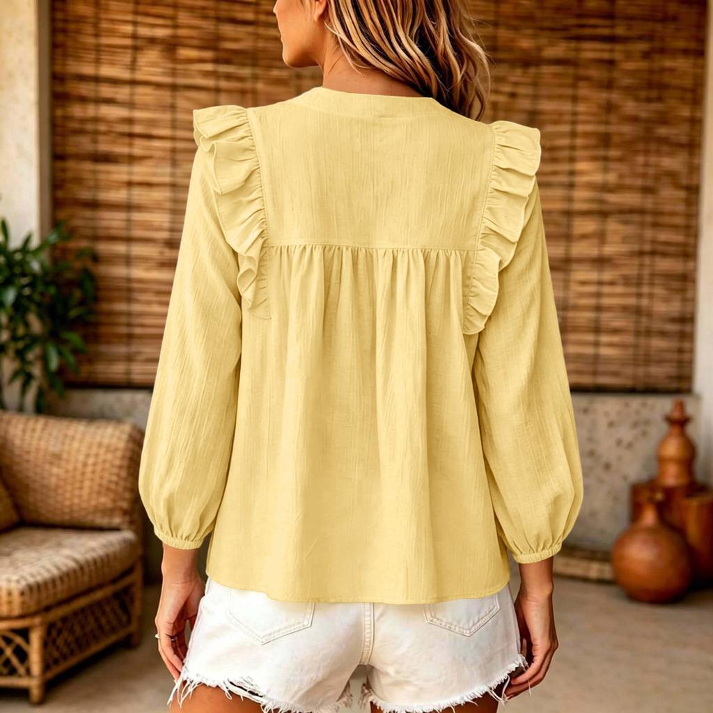 Women's Bohemian Ruffle Trim Puff Sleeve Blouse for Casual Fashion