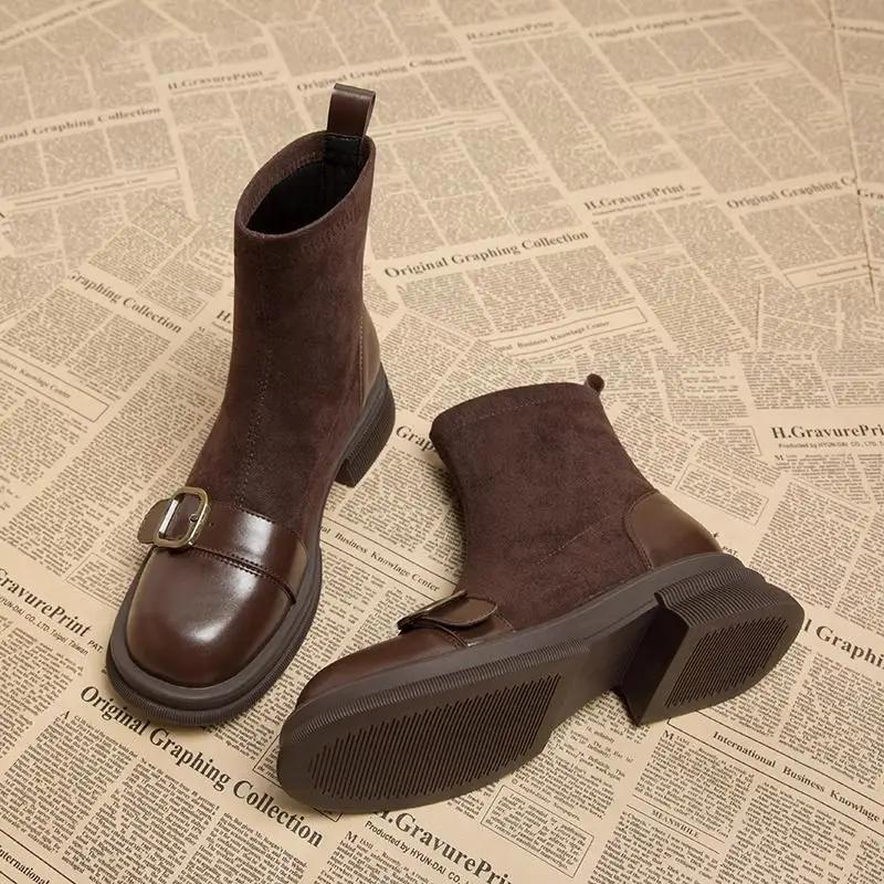 

Women s Boots Elastic Casual Ankle Boot Non Slip Platform Boots Women Leather Short Boot Plush Warm Winter Boots Bottines Femmes 35 коричневый