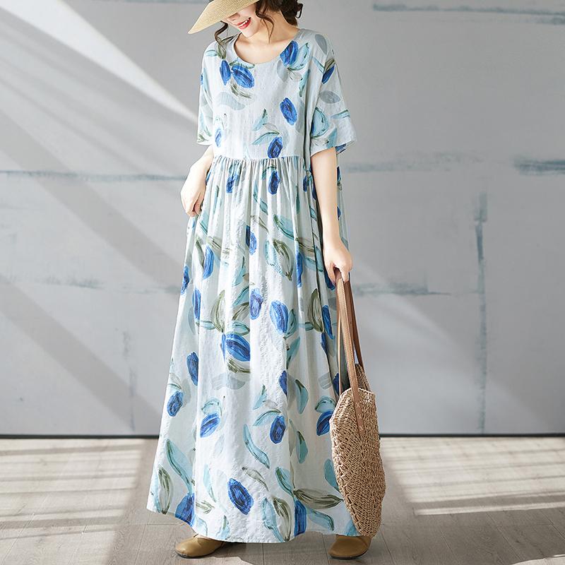 

DIMANAF 2025 Summer Basic Plus Size Dress Women Casual Long Dress Loose Vintage Leaf Printing Dress New One Size синий