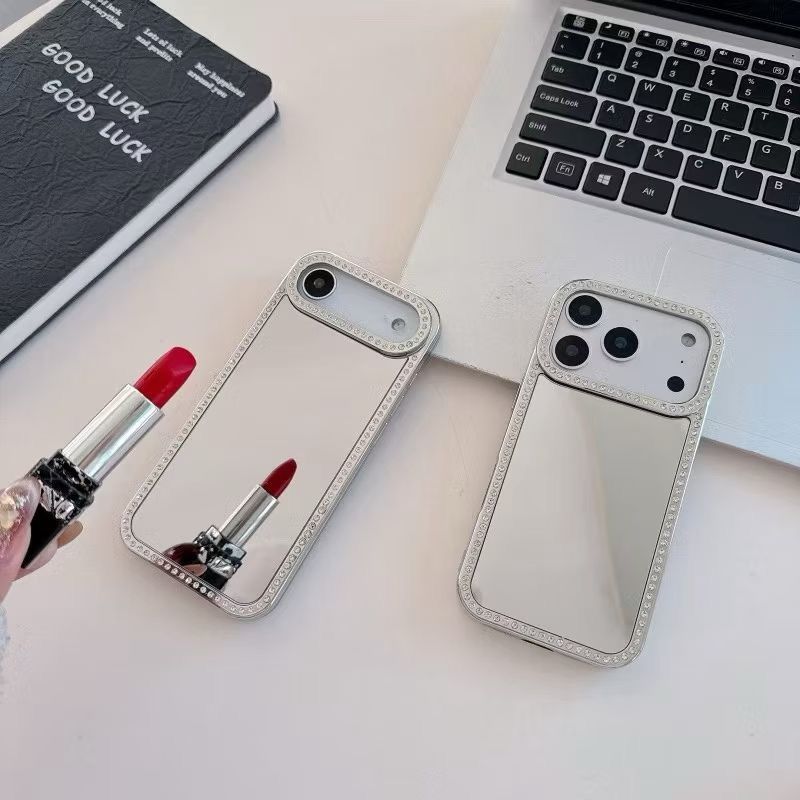 Luxury Electroplating Makeup Mirror Case For iPhone 17 16 15 14 18 Pro Max Samsung Galaxy S26 S25 S24 S23 Glitter Diamond Border Protection Back