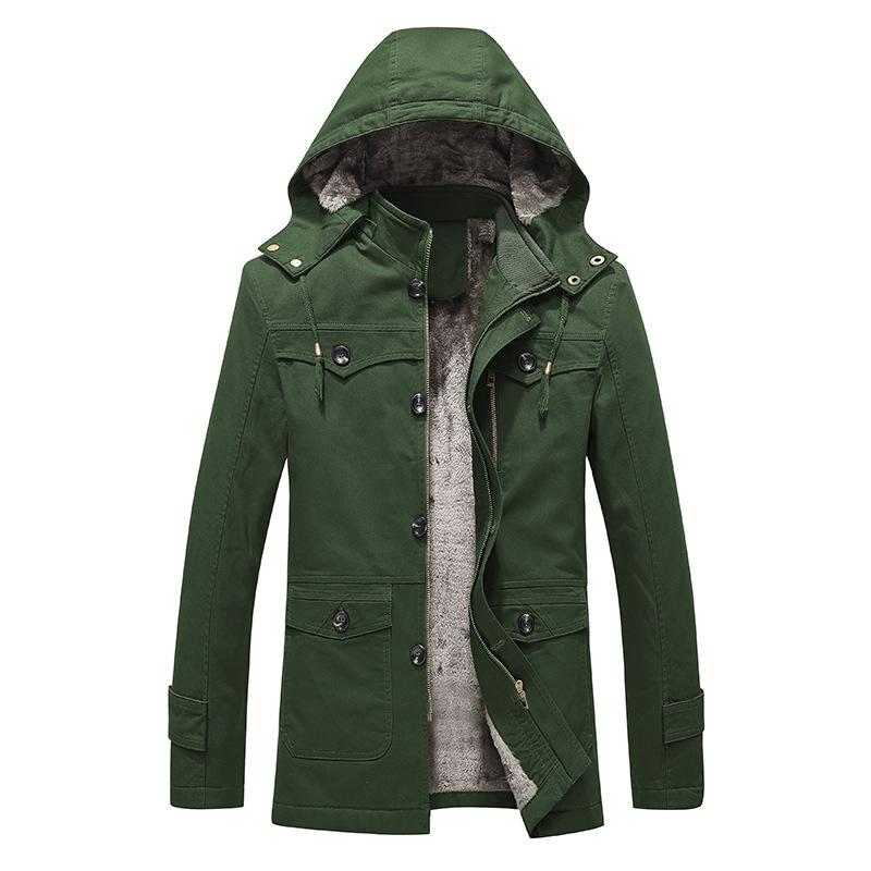 New Autumn and Winter Men's Velvet Thickened Jacket Pure Cotton Washed Mid-length Hooded Jacket