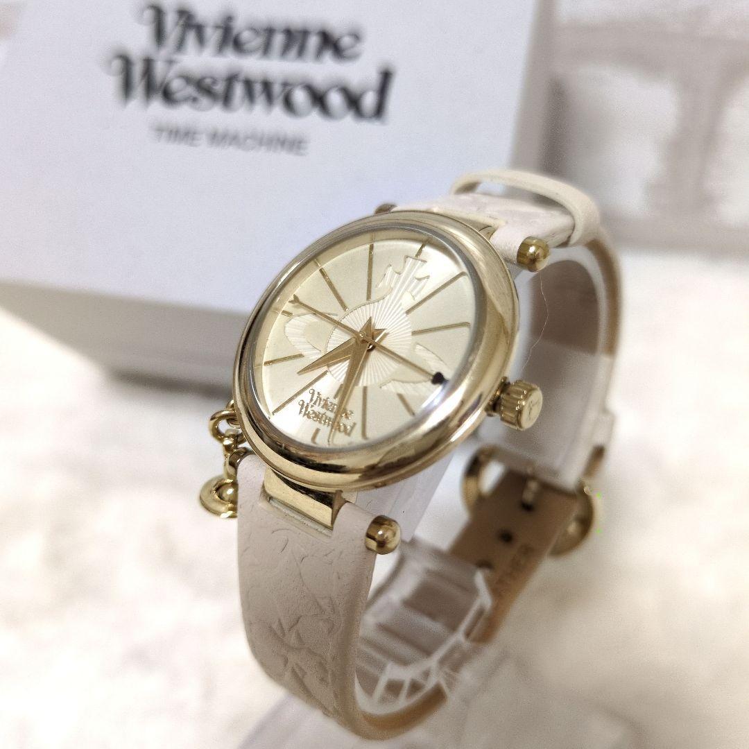Used Vivienne Westwood White Leather Analog Watch Orb 2 Gold