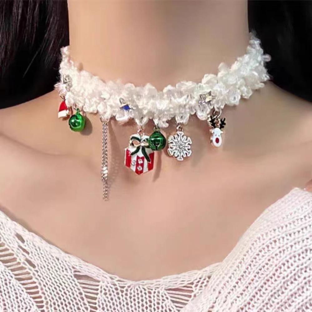 Tassel Christmas Plush Choker Santa Claus Xmas Clavicle Chain Snowflake Rhinestone Necklace  Girls
