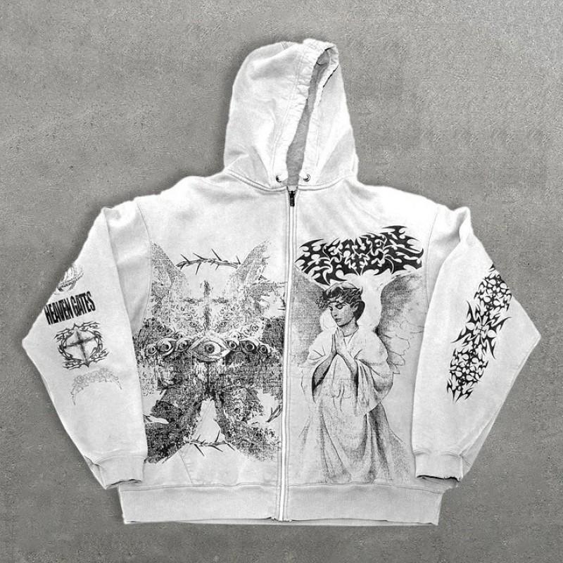 25 Y2K Retro Angel Print Zip Hoodie Unisex Loose Fit Sweatshirt Teens