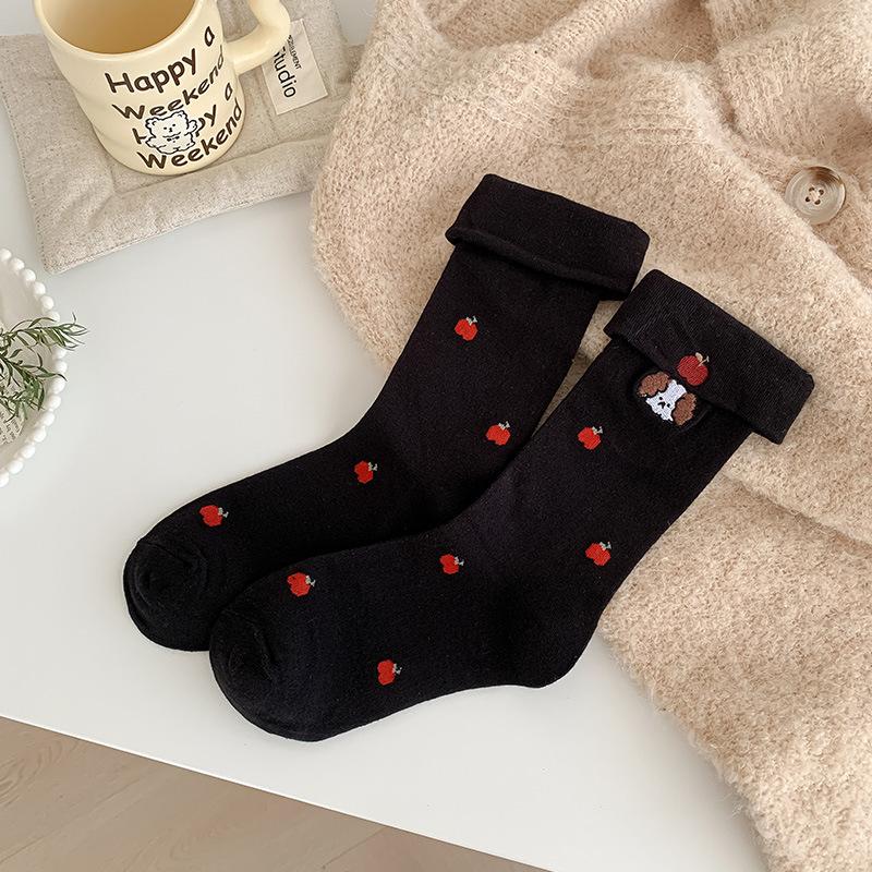 Female Autumn New Embroidery Bow-dot Cartoon Animal Cute Flanging Tube Pile Socks