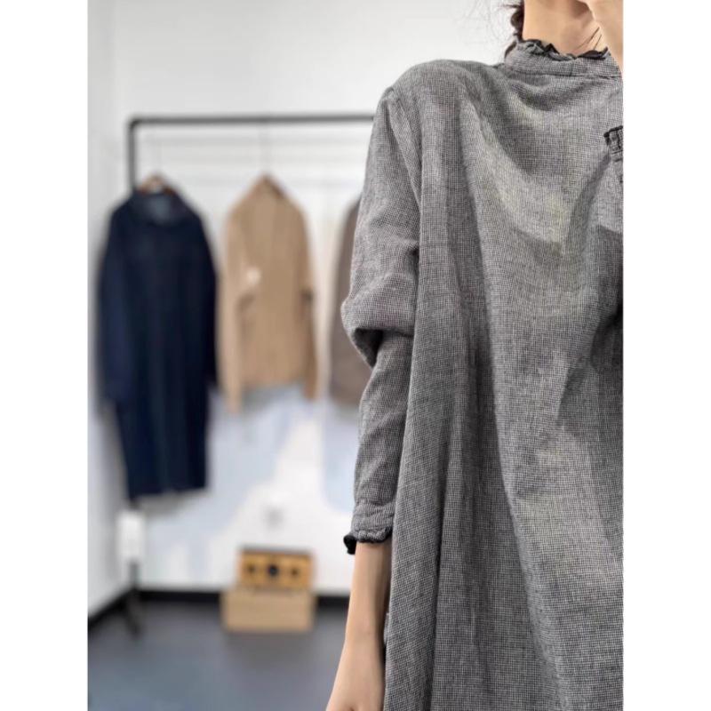 2025 spring new retro loose casual fashion pleated splicing high-end temperament thousand bird grid dress